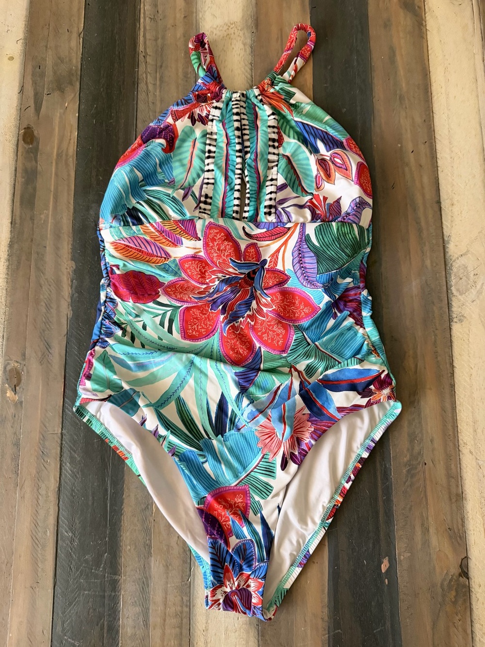 La Blanca One Piece Swimsuit Size 10 Tropical Floral High Neck Strappy Cutout